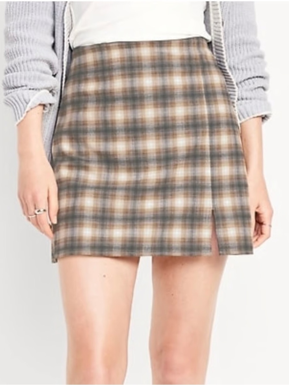 Old Navy Plaid Mini Skirt in Brown and Gray with Side Slit